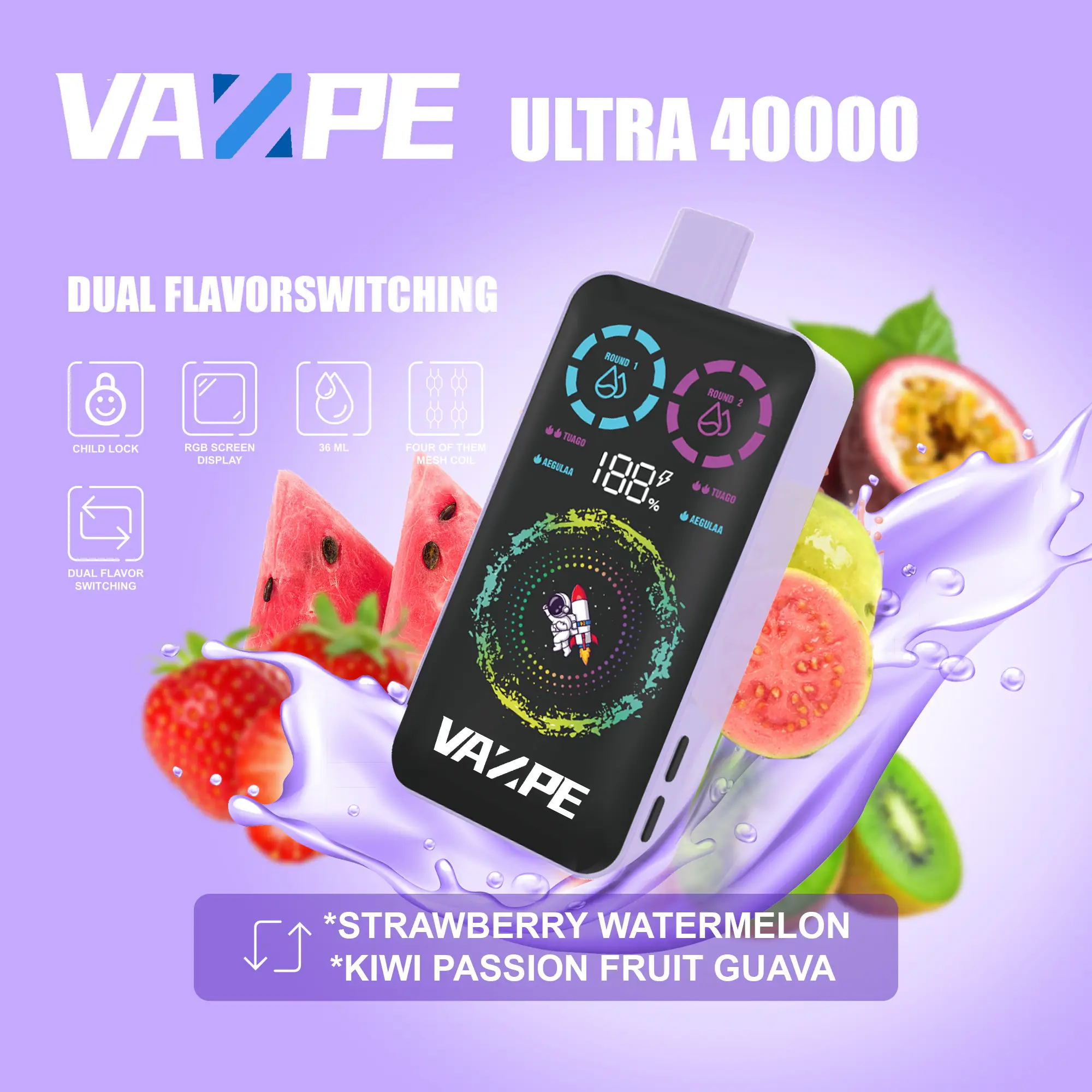 VAZPE Ultra 40K Strawberry Watermelon and Kiwi Passion Fruit Guava